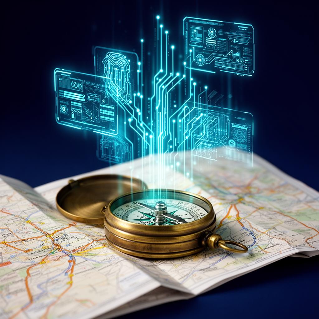 Compass on a roadmap with holographic AI interfaces and glowing cyan circuit data streams symbolizing guidance
